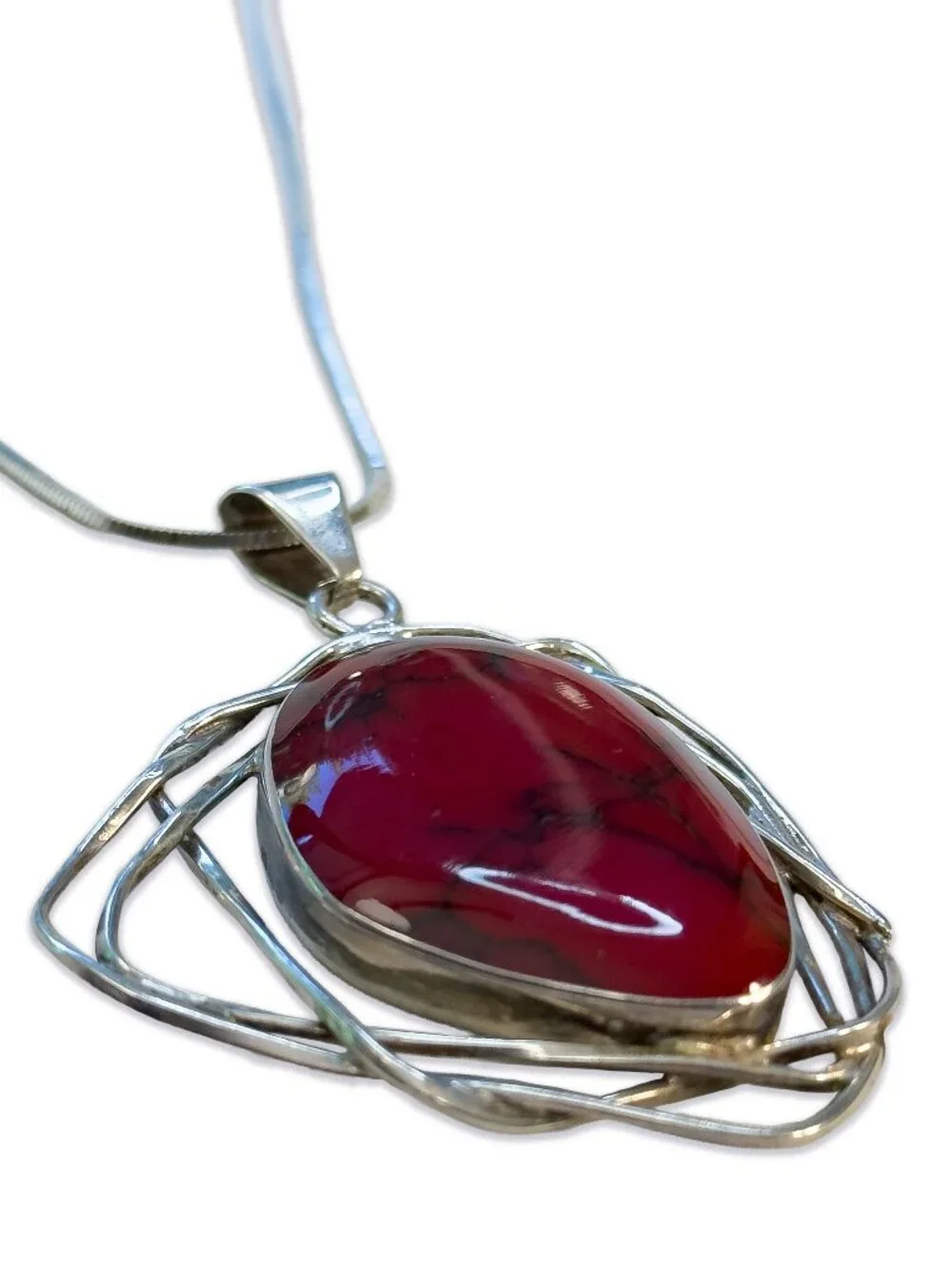 Mexican Red Jasper Sterling Silver Wire Pendant Italian 925 FAS Chain Necklace